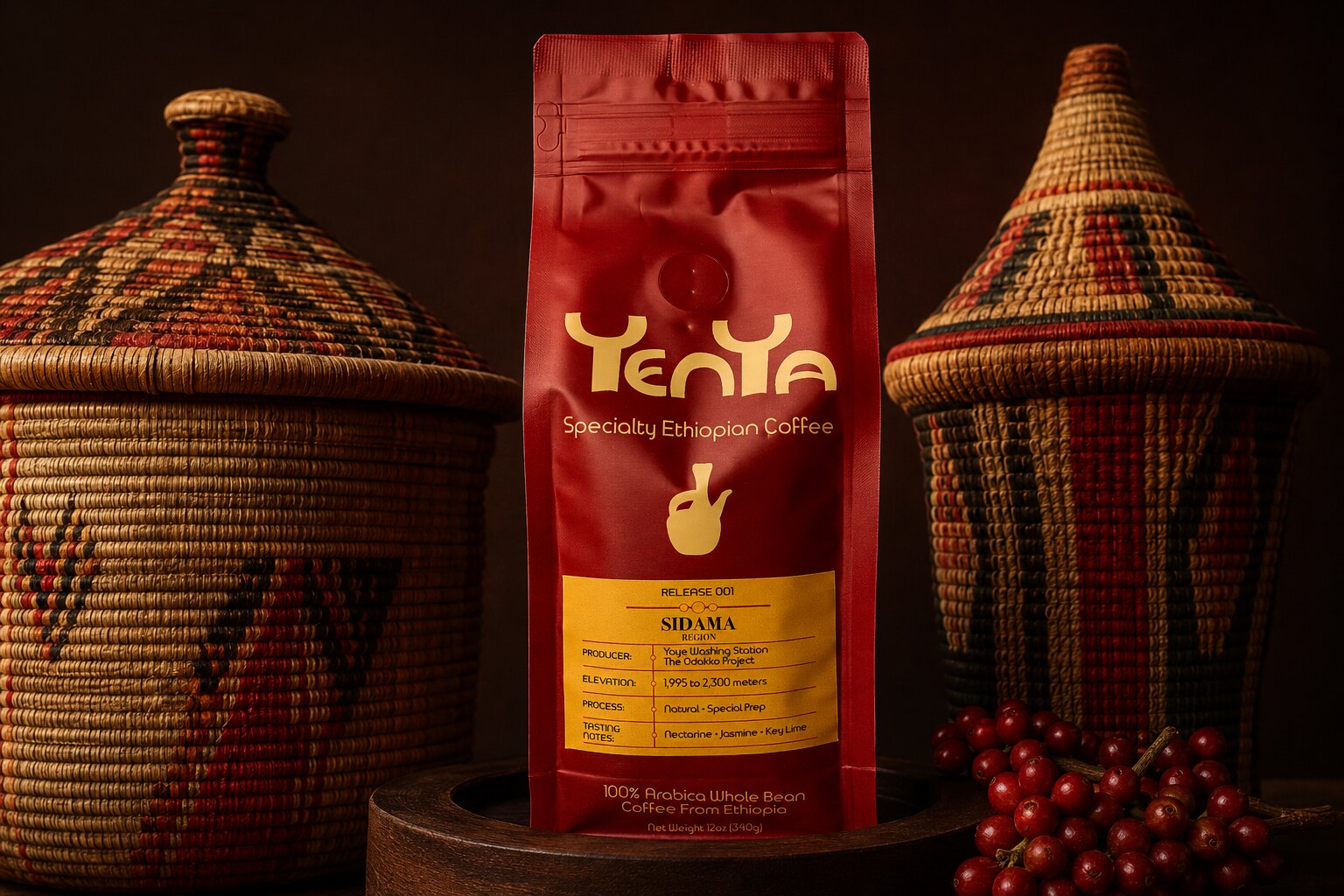 YenYa Release 001 coffee surrounded by Ethiopian woven baskets