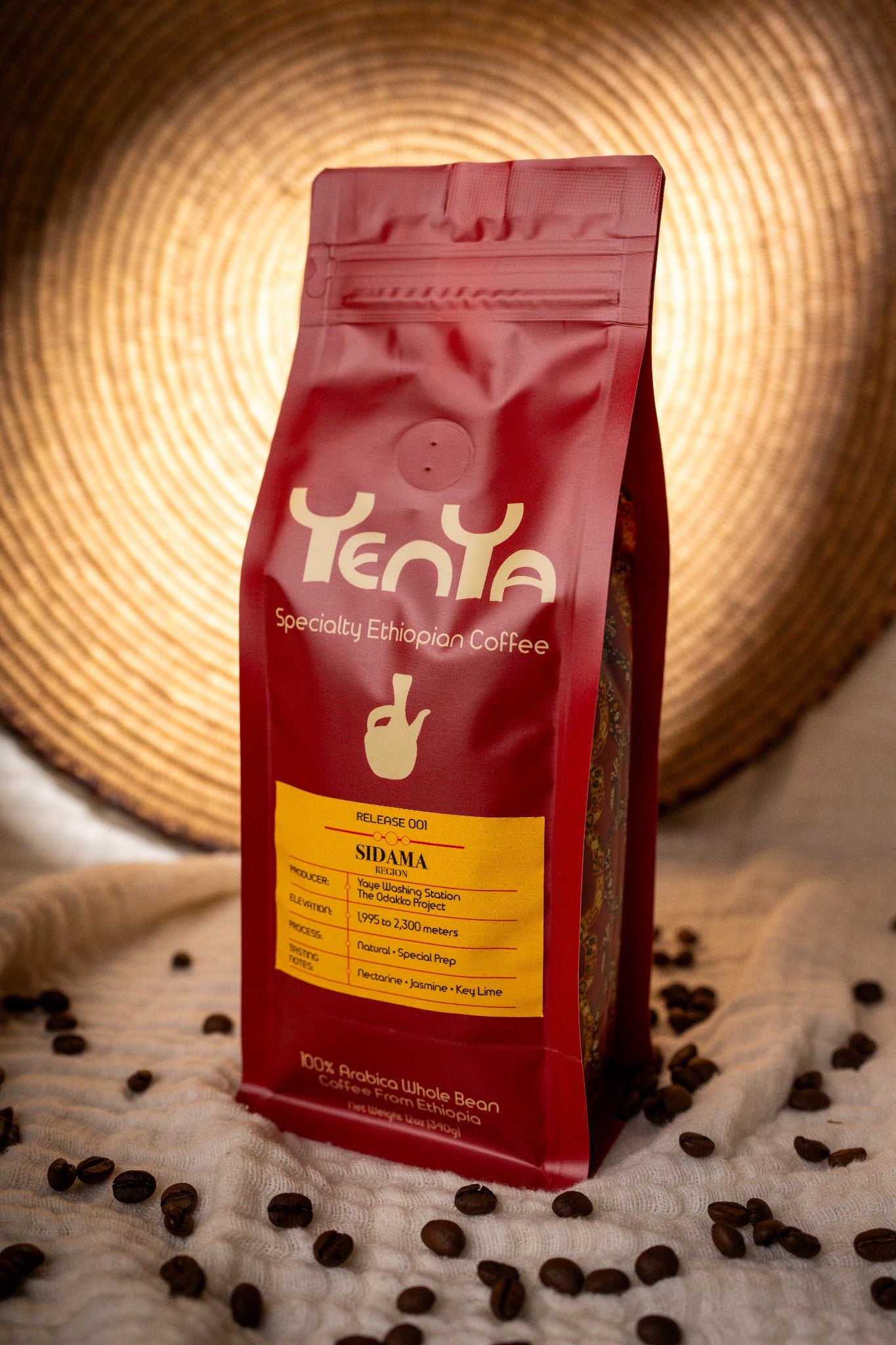 YenYa Release 001 coffee bag framed by a woven Ethiopian basket